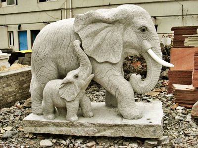 企业大理石石雕母子象雕塑