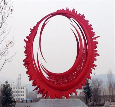 公园创意玻璃钢圆形红色齿轮雕塑