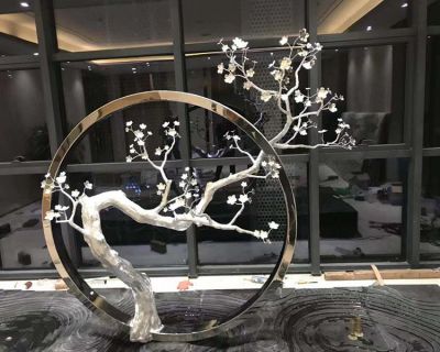 不锈钢镜面创意景观树圆环雕塑