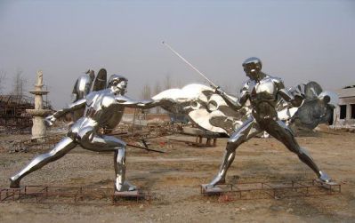 商场户外摆放不锈钢抽象击剑运动员雕塑