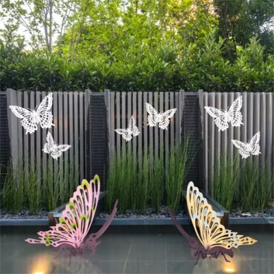 不锈钢镂空喷漆蝴蝶雕塑 酒店户外水池摆件