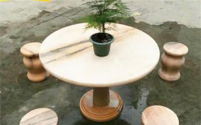 别墅家用晚霞红石雕桌凳景观摆件小品