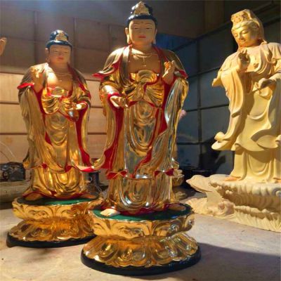 玻璃钢彩绘鎏金大型景观供奉三圣雕塑