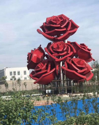 广场创意不锈钢红色玫瑰花雕塑