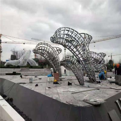 公园园林装饰不锈钢网格海豚动物雕塑