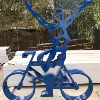 学校摆放不锈钢抽象剪影骑车人物雕塑