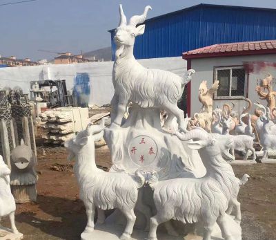 公园创意汉白玉石雕大型仿真动物好运三羊开泰雕塑