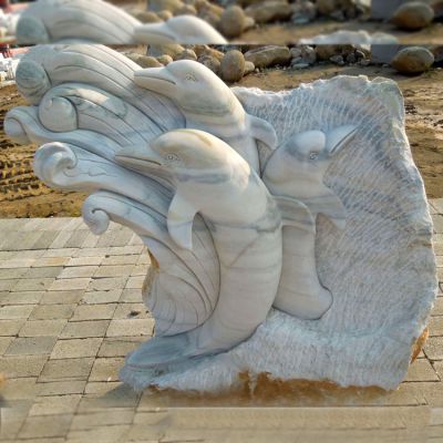 公园装饰摆放三只石雕海豚雕塑