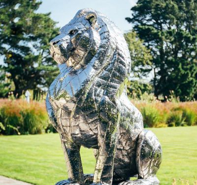 公园草坪大型户外园林景观不锈钢镜面狮子雕塑