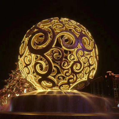 公园广场不锈钢夜晚照明喷泉镂空球雕塑