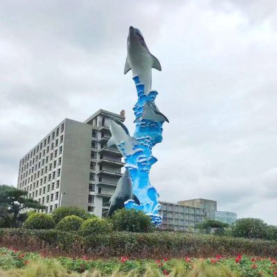 玻璃钢彩绘海豚广场创意景观标识雕塑