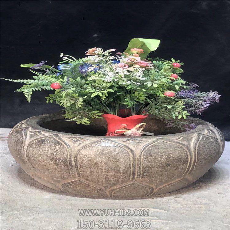 仿古圆形青石莲花盆庭院装饰摆件雕塑
