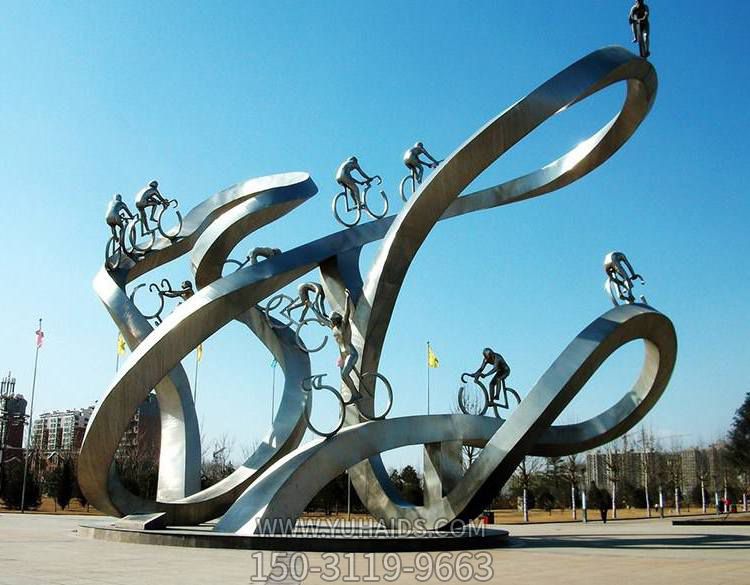 广场大型不锈钢抽象运动骑自行车人景观摆件雕塑