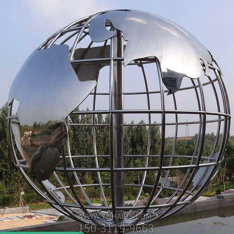 大型不锈钢地球仪雕塑校园 广场标志酒店镜面镂空自转圆球景观摆件