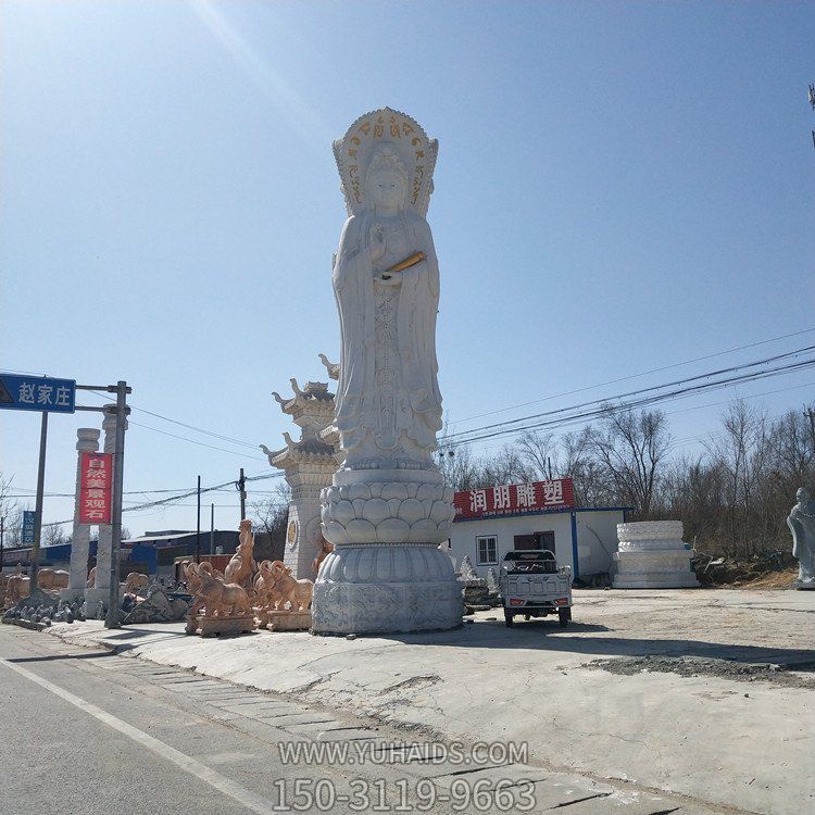 大型汉白玉三面观音雕像户外寺庙摆件雕塑
