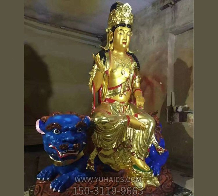 寺庙玻璃钢贴金文殊菩萨雕塑