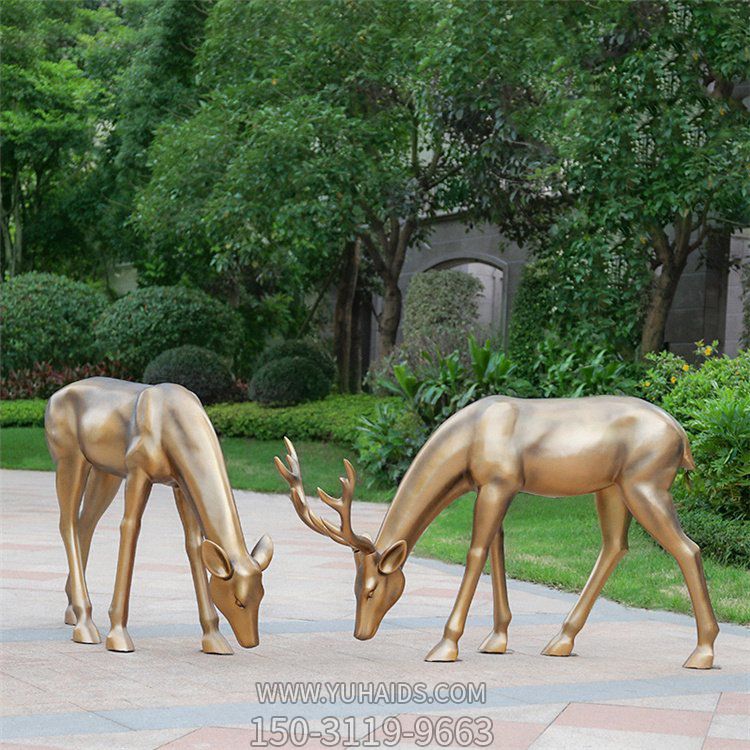 园林别墅玻璃钢仿铜两只梅花鹿雕塑