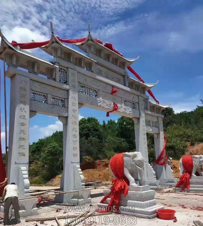 景区入口摆放大理石雕刻三门 五门牌坊雕塑