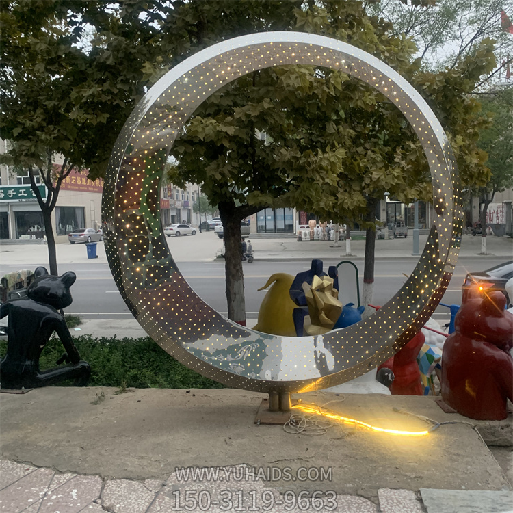 公园路边镂空镜面不锈钢 创意圆环雕塑