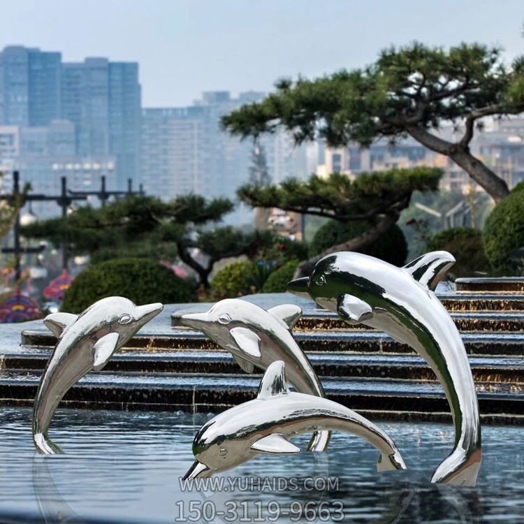 喷泉水景摆件不锈钢镜面海豚雕塑