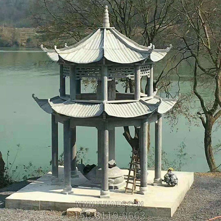 景区湖边摆放青石仿古建筑中式双层凉亭雕塑