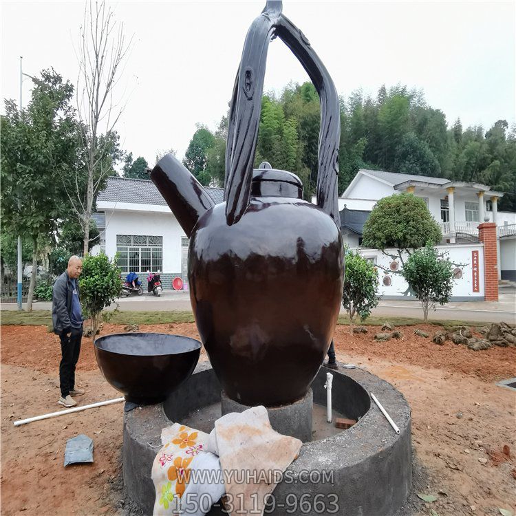 玻璃钢仿铜户外广场园林景观茶壶茶碗雕塑摆件