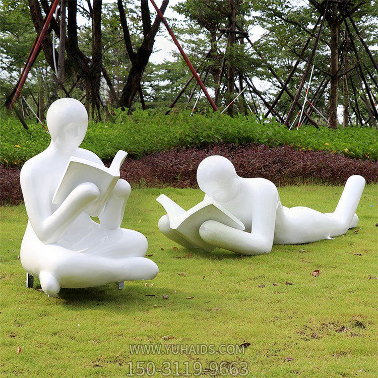 校园草坪抽象玻璃钢园林户外趴着看书的人物景观雕塑