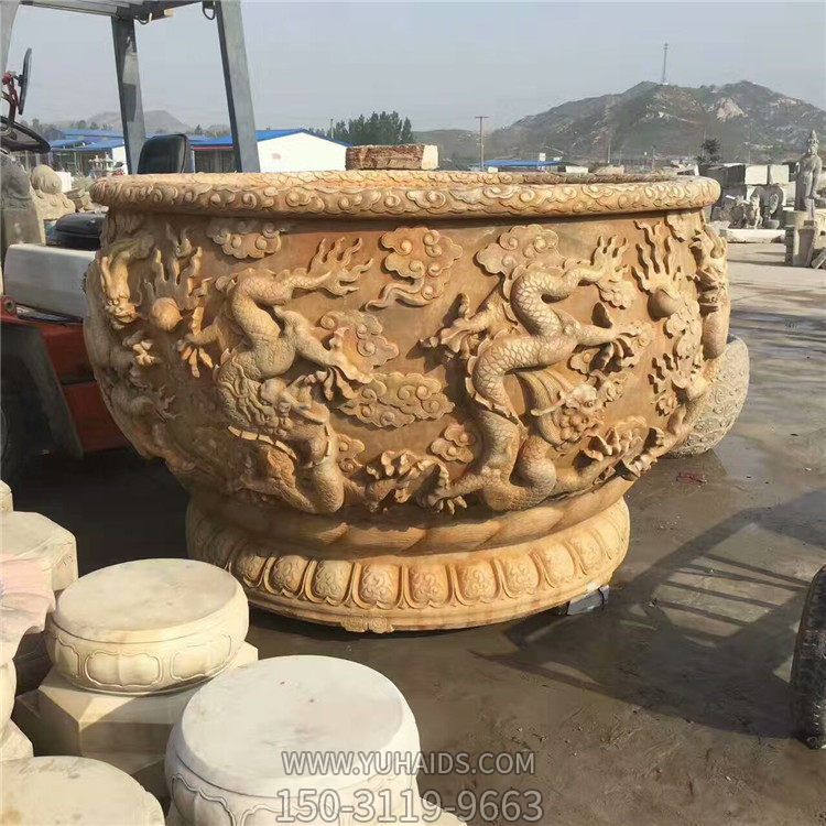 黄锈岩浮雕双龙戏珠  龙纹圆水缸庭院花盆雕塑