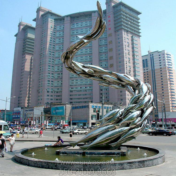 大型广场水池摆放鱼群螺旋游水景观雕塑