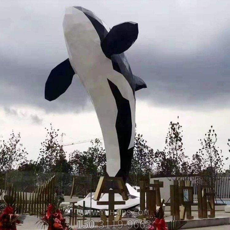 广场大型不锈钢彩绘鲸鱼雕塑
