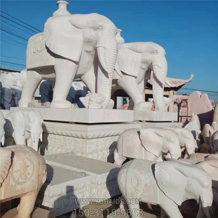 汉白玉石雕大象拖瓶 寓意吉祥太平 景点大门装饰摆件雕塑