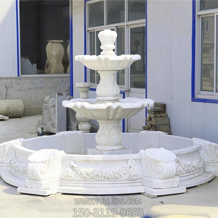 汉白玉大理石浮雕二层流水庭院欧式水钵雕塑