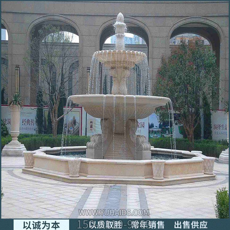 别墅晚霞红石雕欧式多层喷泉水景雕塑