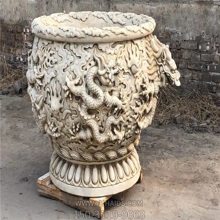 龙纹水缸汉白玉仿古石缸雕塑