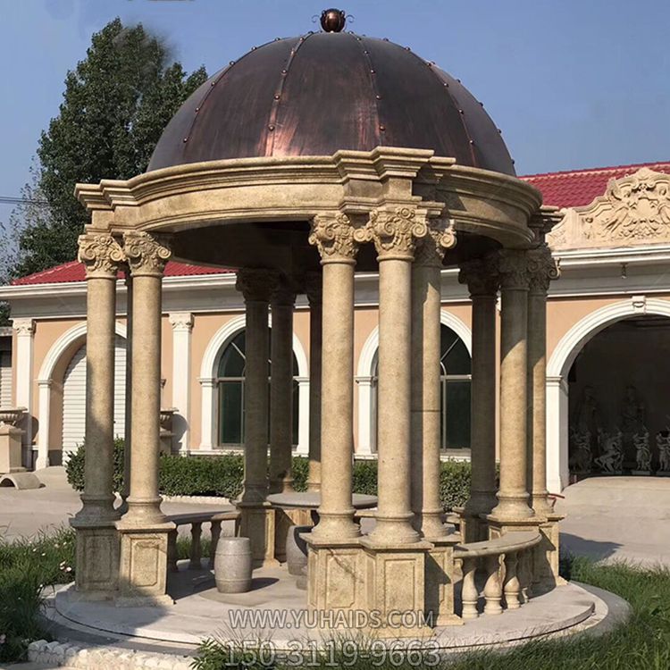 别墅花园摆放铜顶罗马柱凉亭雕塑