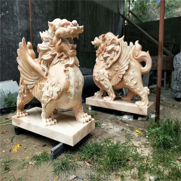 晚霞红大理石石雕户外园林景观麒麟<a href=