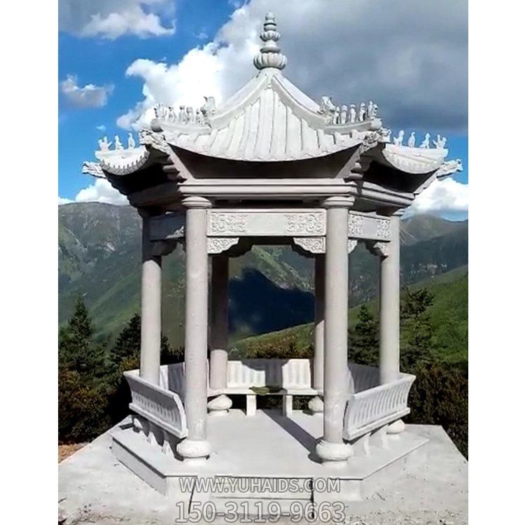 景点园林青石石雕仿古建六角凉亭雕塑