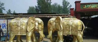 户外园林大象不锈钢喷金烤漆两只大象雕塑