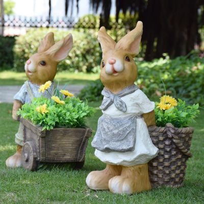 花园摆件两只带花篮的树脂兔子雕塑