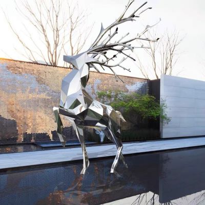 不锈钢几何镜面鹿角梅花鹿酒店水景观动物雕塑