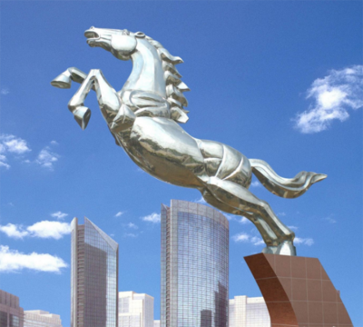 不锈钢马儿雕塑，镜面腾空的马儿雕塑，企业精神标识标志