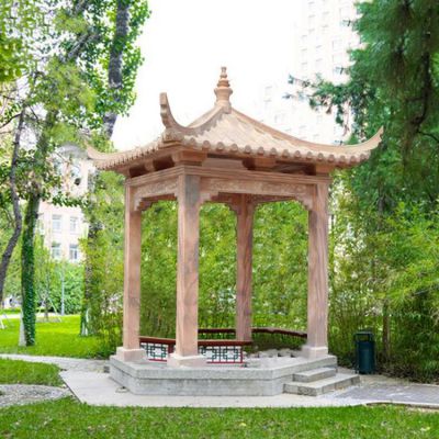 公园摆放天然晚霞红中式四角休息凉亭雕塑
