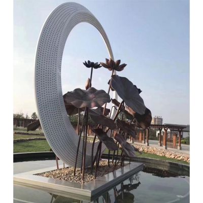 公园水池摆放不锈钢圆环荷花景观雕塑