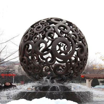 花园抽象不锈钢仿古做旧喷泉镂空球雕塑