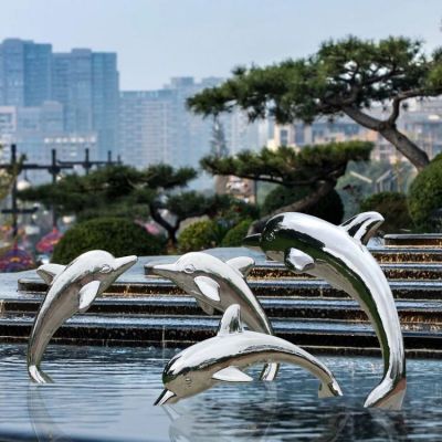 喷泉水景摆件不锈钢镜面海豚雕塑