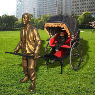 拉黄包车，玻璃钢仿铜民俗生活人物雕塑