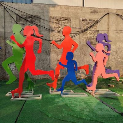 校园草坪摆放不锈钢喷漆剪影跑步抽象运动人物雕塑