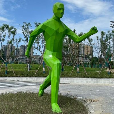 公园草地玻璃钢彩绘绿色跑步抽象人物雕塑