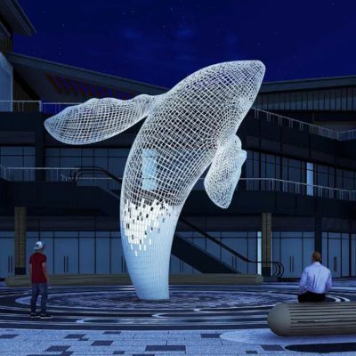 商业街广场水池喷泉摆放大型不锈钢镂空鲸鱼雕塑