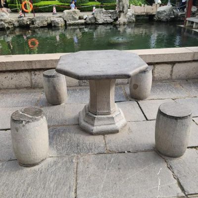 公园摆放天然石材青石雕刻八角石桌园石凳